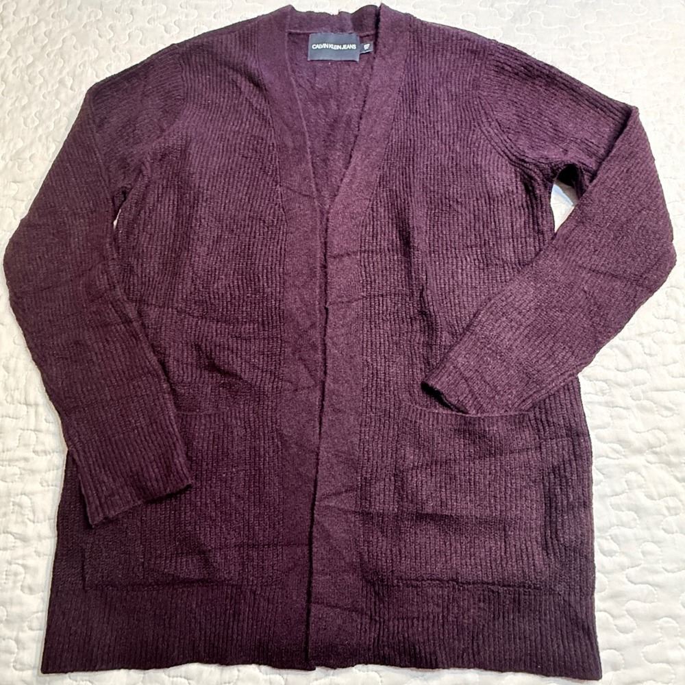 Calvin Klein Women Small Cardigan Purple Open Front FALL DARK ACADEMIA PLUM COZY